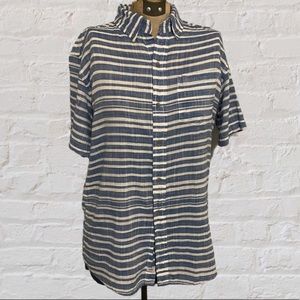 PD&C 100% Cotton Striped Chambray Short Sleeve Button Up Top